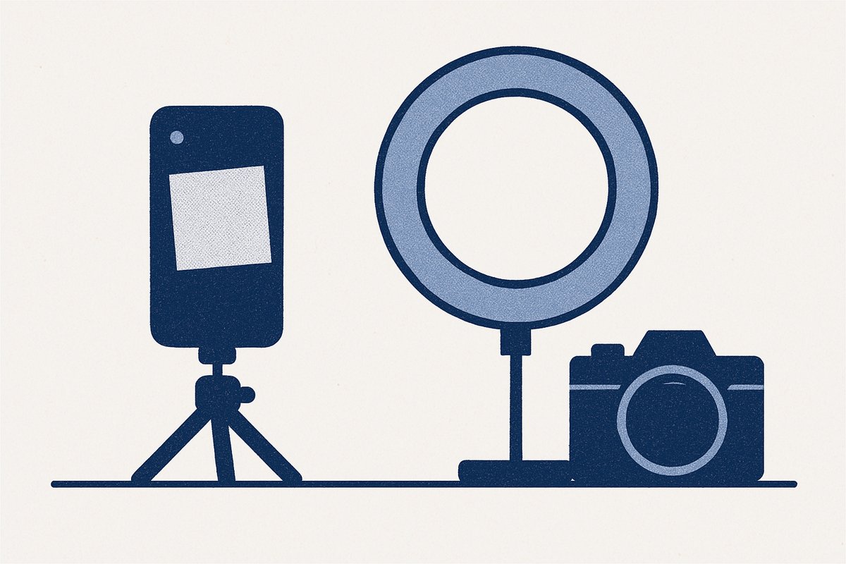 Ilustracja: telefon na statywie z zaklejonym obiektywem, wyłączona lampa i aparat